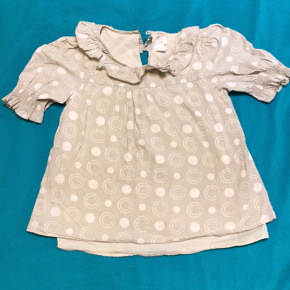 EUC Tan w/ white polka dot girls ruffle blouse